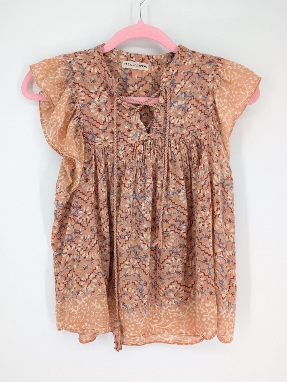 Ulla Johnson Floral Tie-Front Flutter Sleeve Blouse 100% Cotton Size 2 FLAW
